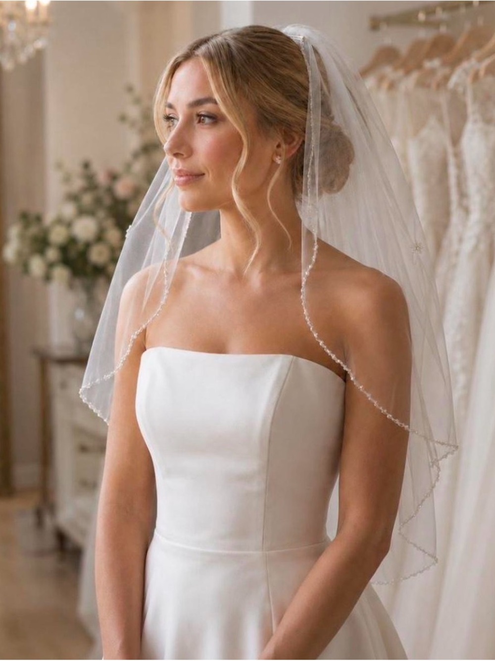 Elegant Single Tier Beaded Wedding Veil With Teardrop Accents
